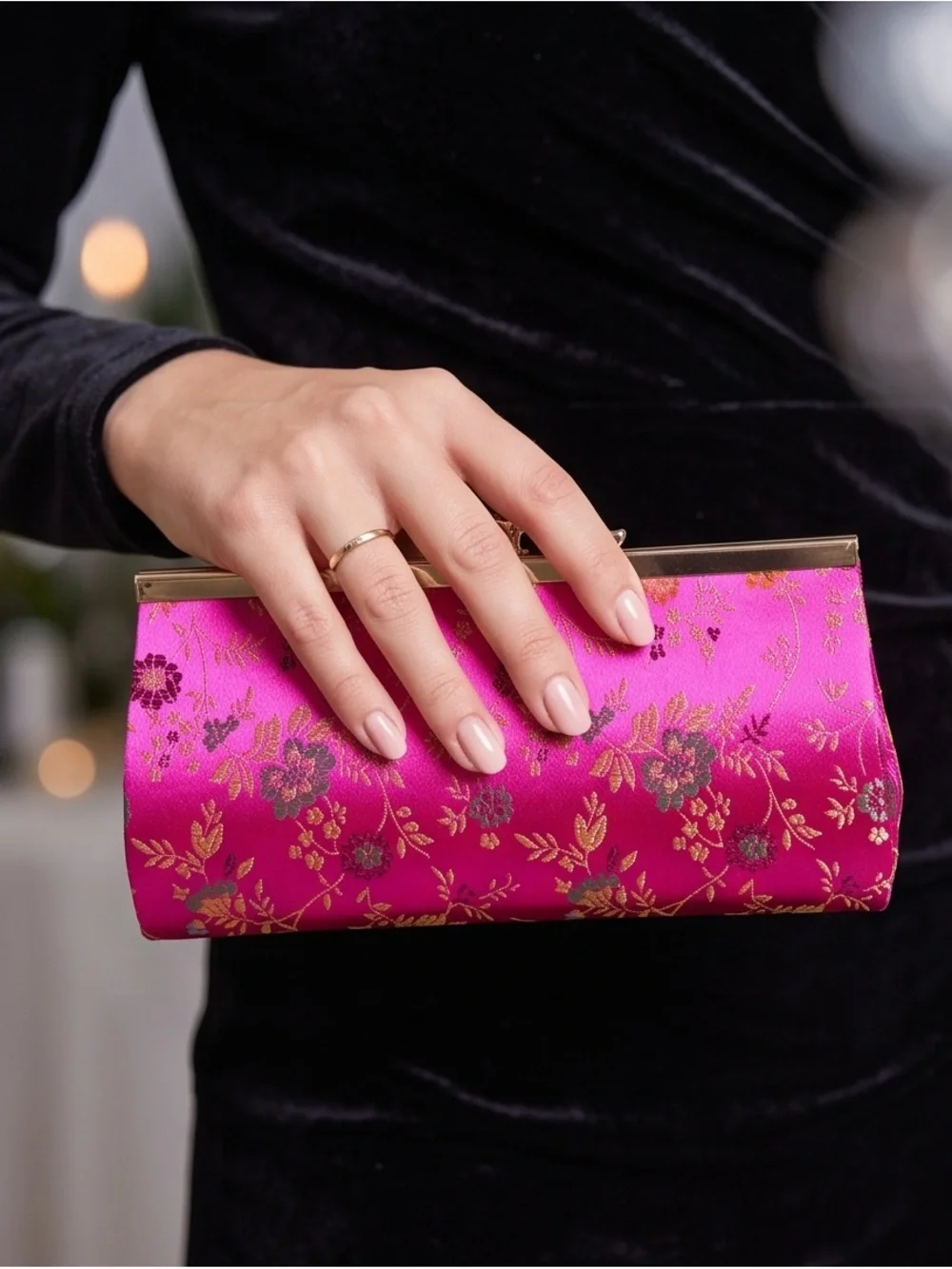 Brocade Floral Evening Clutch in Fuchsia with Gold Hardware